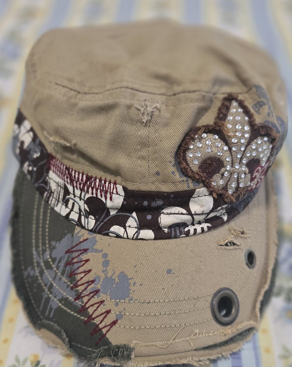 New Orleans Cap Hat Adjustable Distressed Fleur De Lis